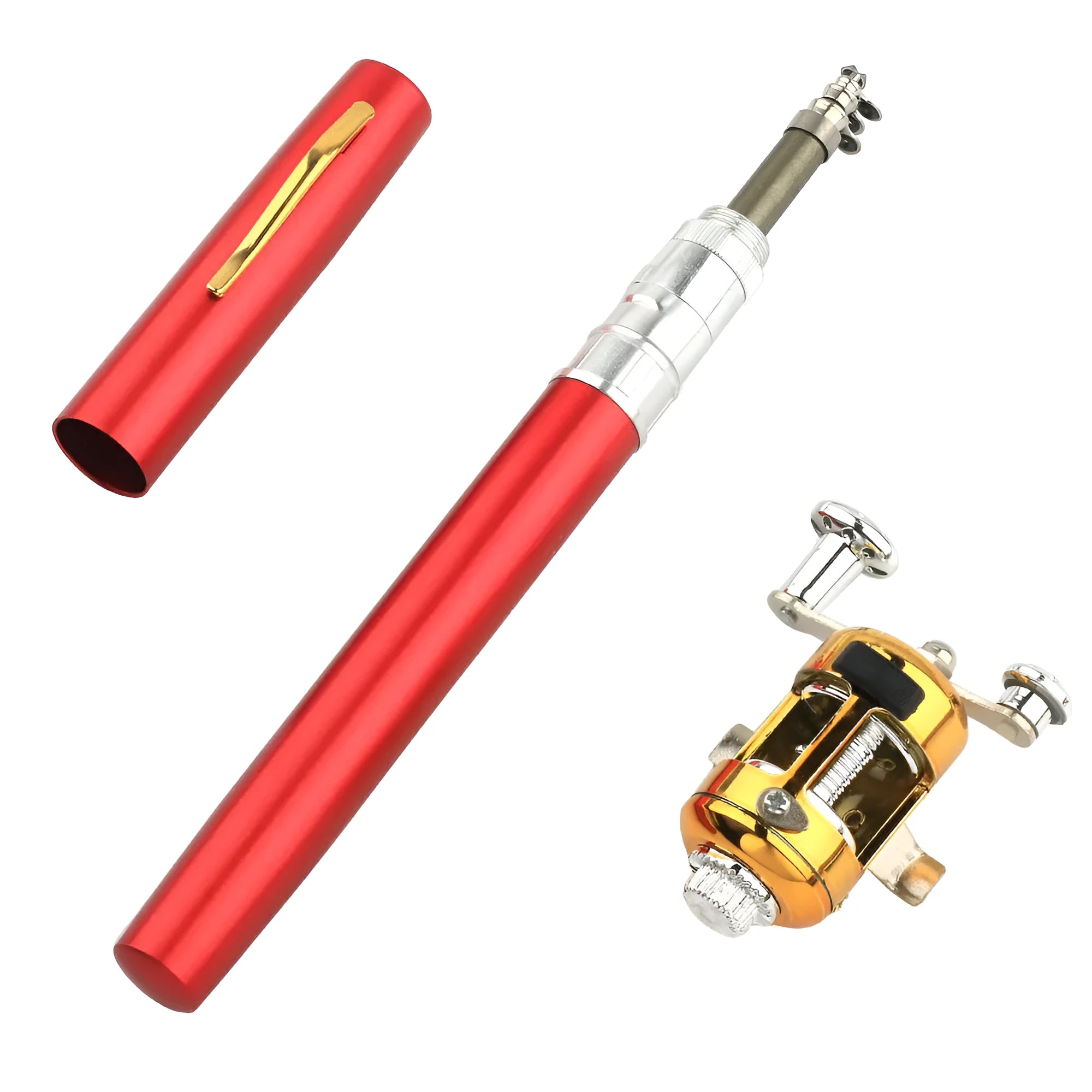 Gold portable telescopic pen fishing rod and reel kit collapsed in aluminium case