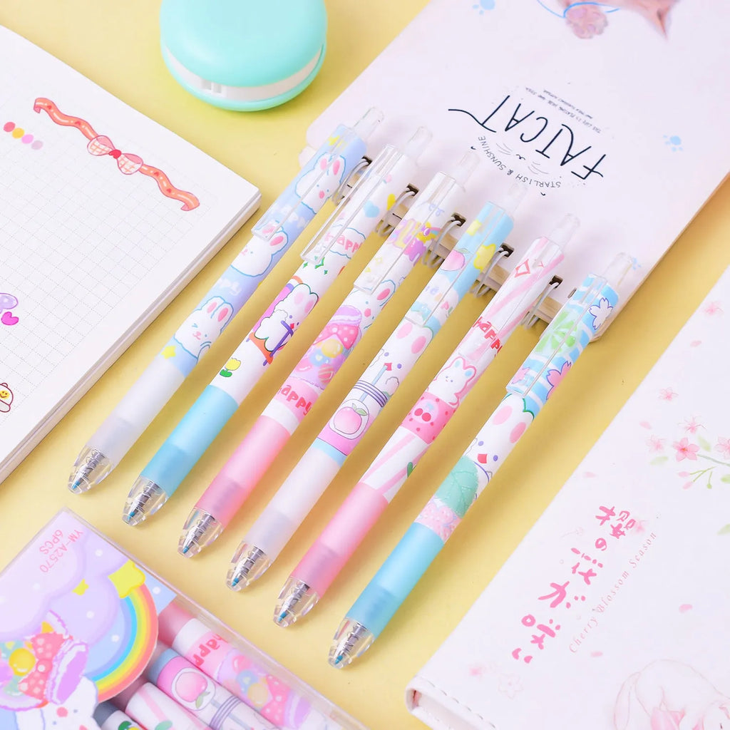 Six black student pens with 0.5mm tips and cartoon bunny design displayed in packaging