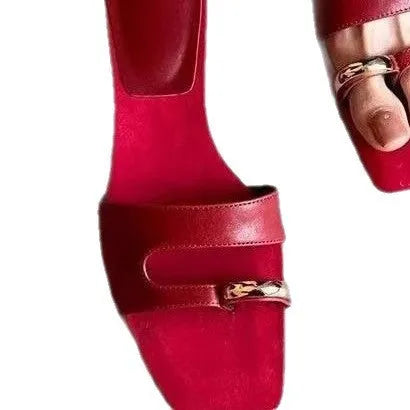 Plus size square head outdoor slippers in leather and rubber, shown in black colour.