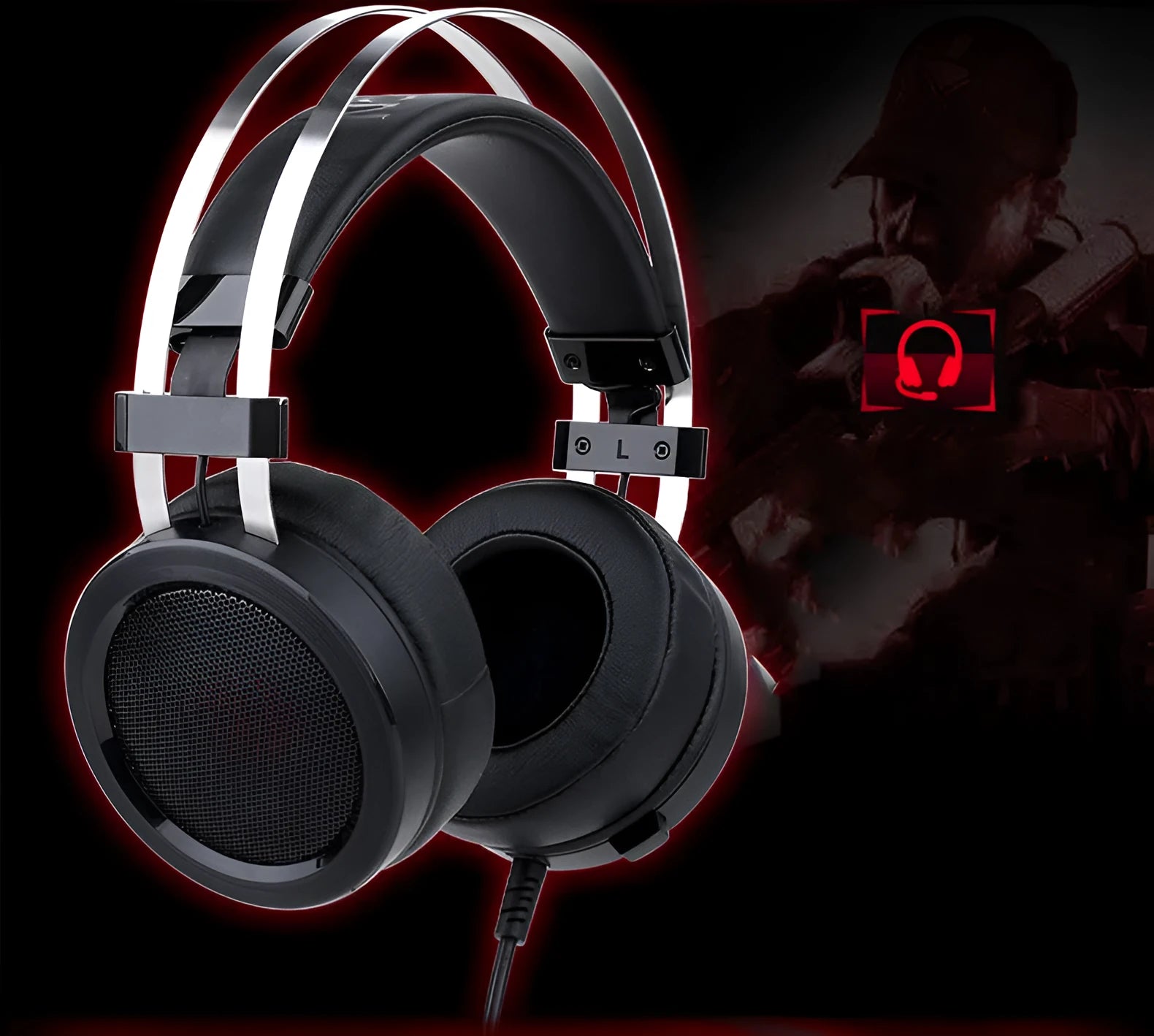 Black wired computer gaming headset with 2 metre cable and 3.5mm plug