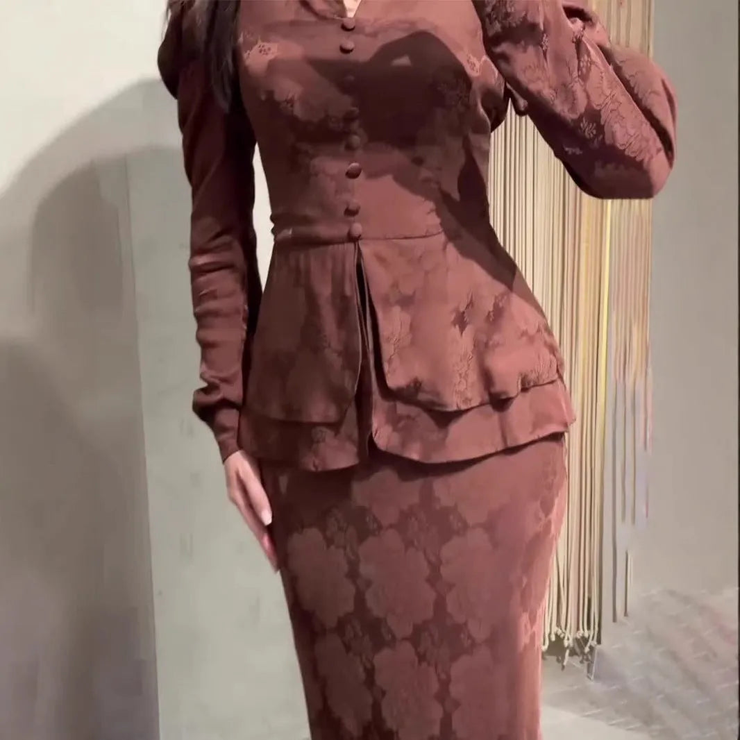 Dark brown artistic retro long sleeve dress with floral pattern and button details