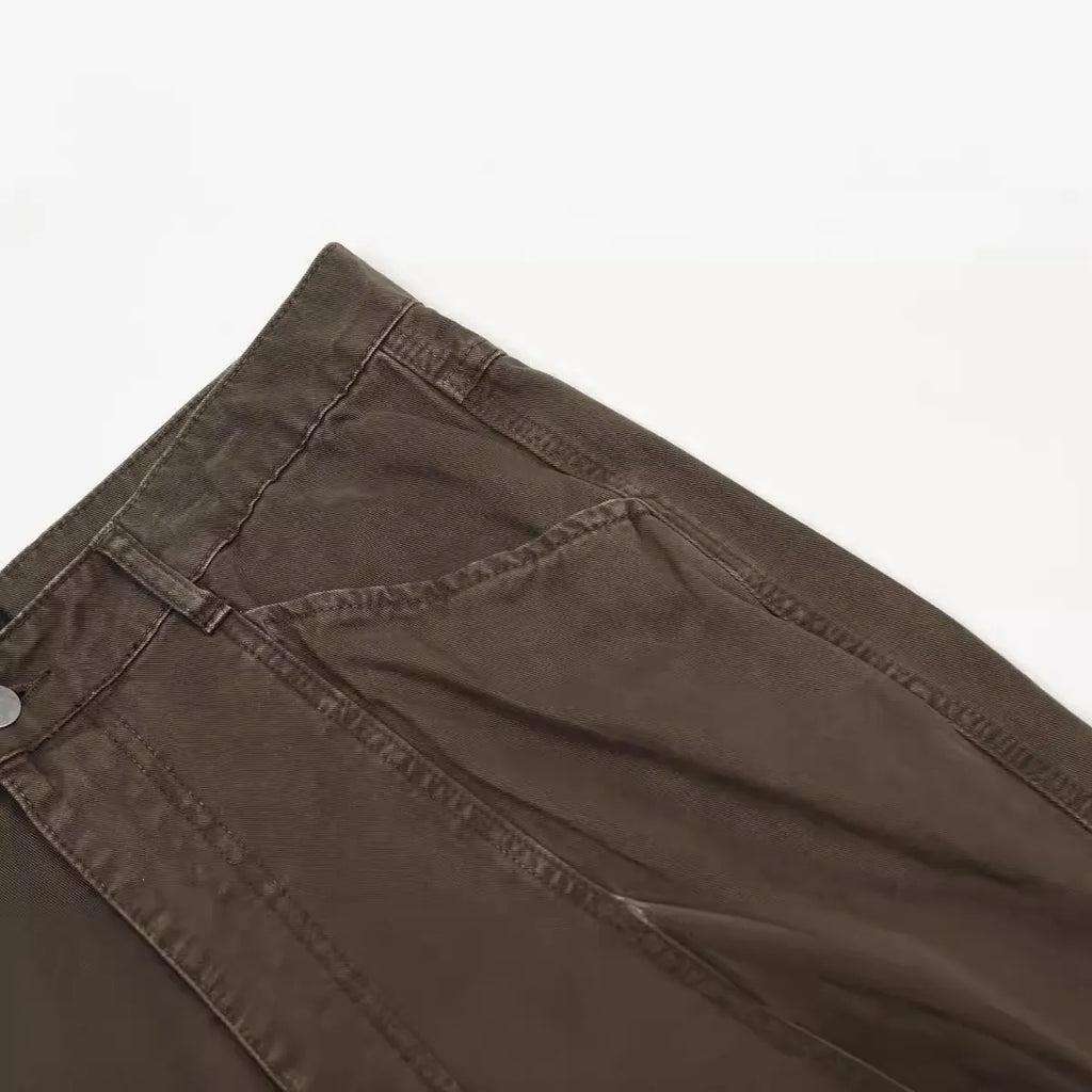 Men's loose straight leg high waist cotton trousers in brown and light khaki with zipper fly