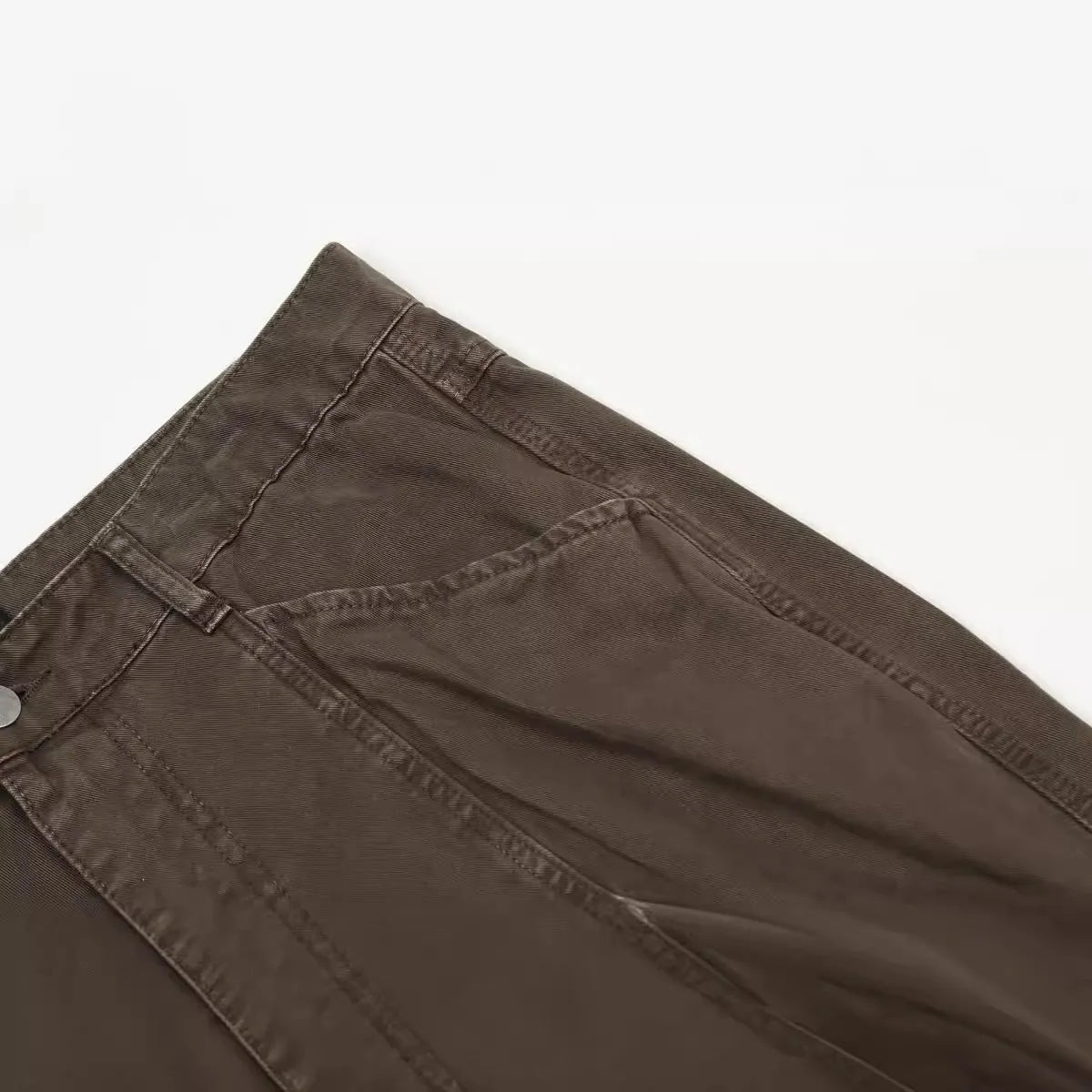 Men's loose straight leg high waist cotton trousers in brown and light khaki with zipper fly