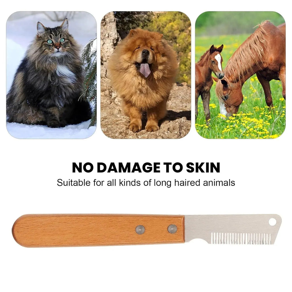 Wooden handled pet stripping comb grooming tool for dogs and cats on a table.