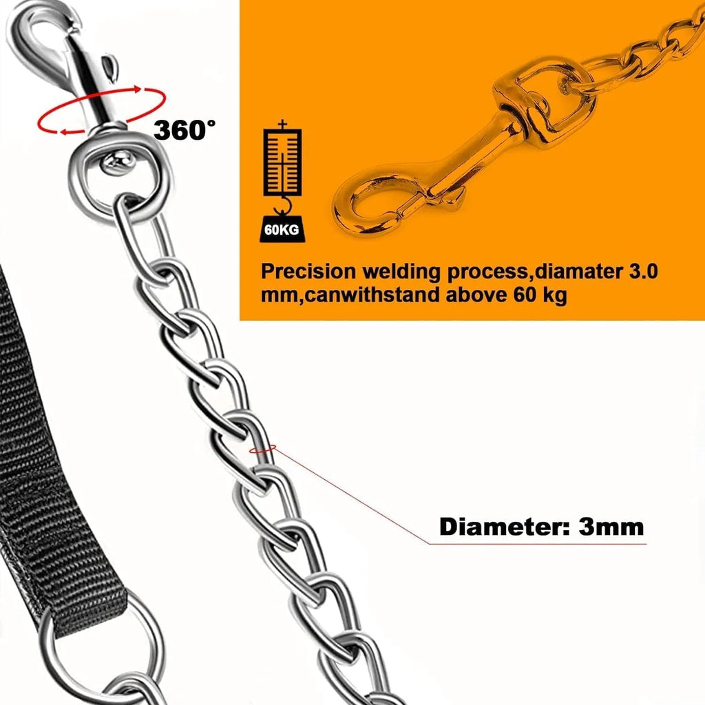 Heavy duty metal dog chain leash with soft black padded handle, shown in black, blue, and red.