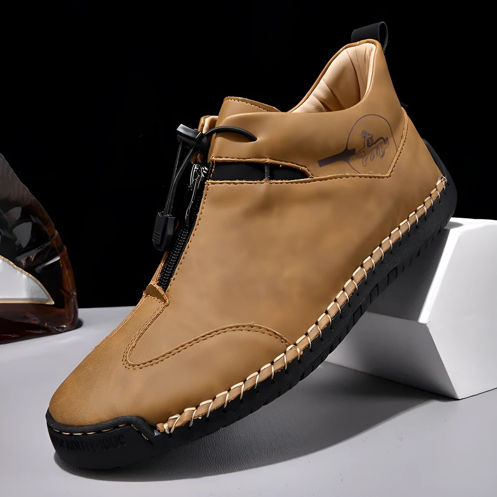 Men's casual leather shoes with mid heels in black, blue, green, or khaki colours