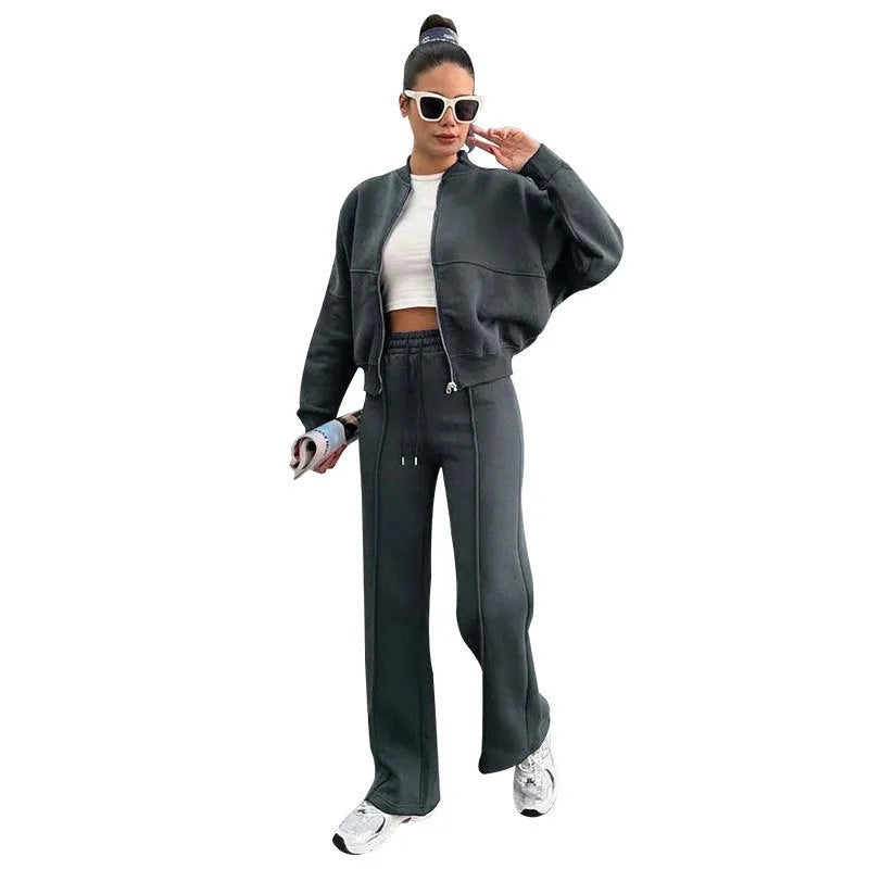 Women's fleece zipper cardigan and straight trousers suit in seven colours, long sleeve, collage stitching, sizes S to XXL