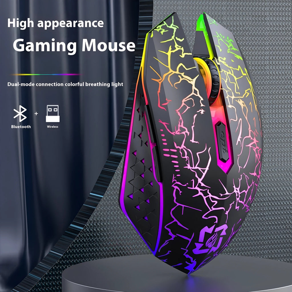Black and white wireless gaming mouse with luminous breathing light and charging cable for desktop computers