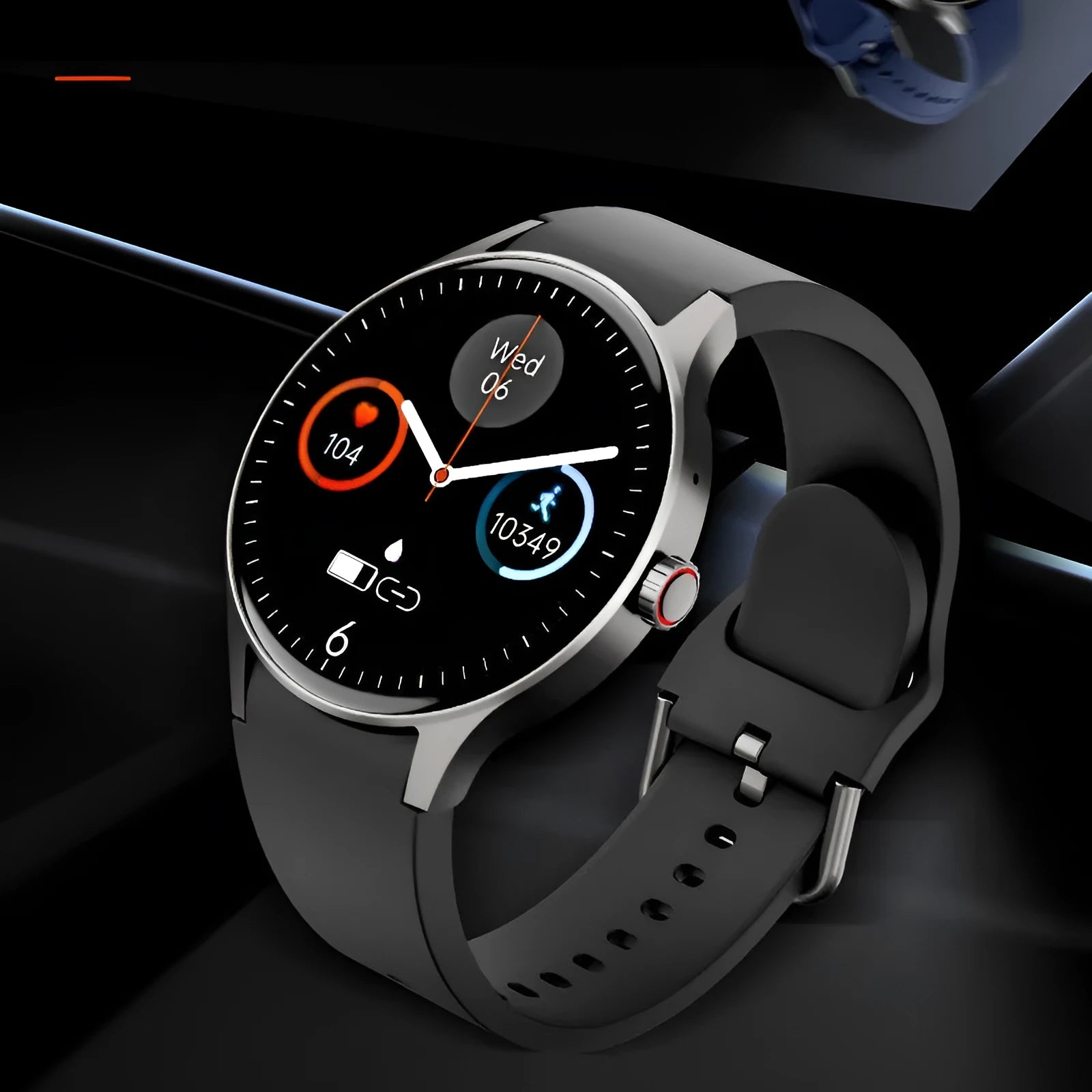 Black smart watch with blood sugar detection on a silicone strap, showing AMOLED screen.