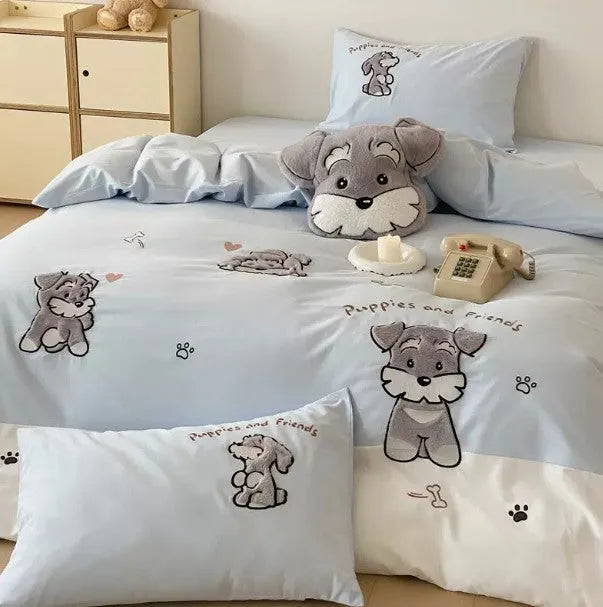 Cartoon Schnauzer embroidered cotton bedding set showing quilt cover, sheet and pillowcases