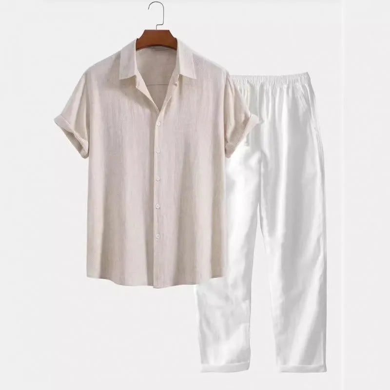 Men's casual linen-look polyester shirt and pants set in various colours, showing loose fit and coordinated styling