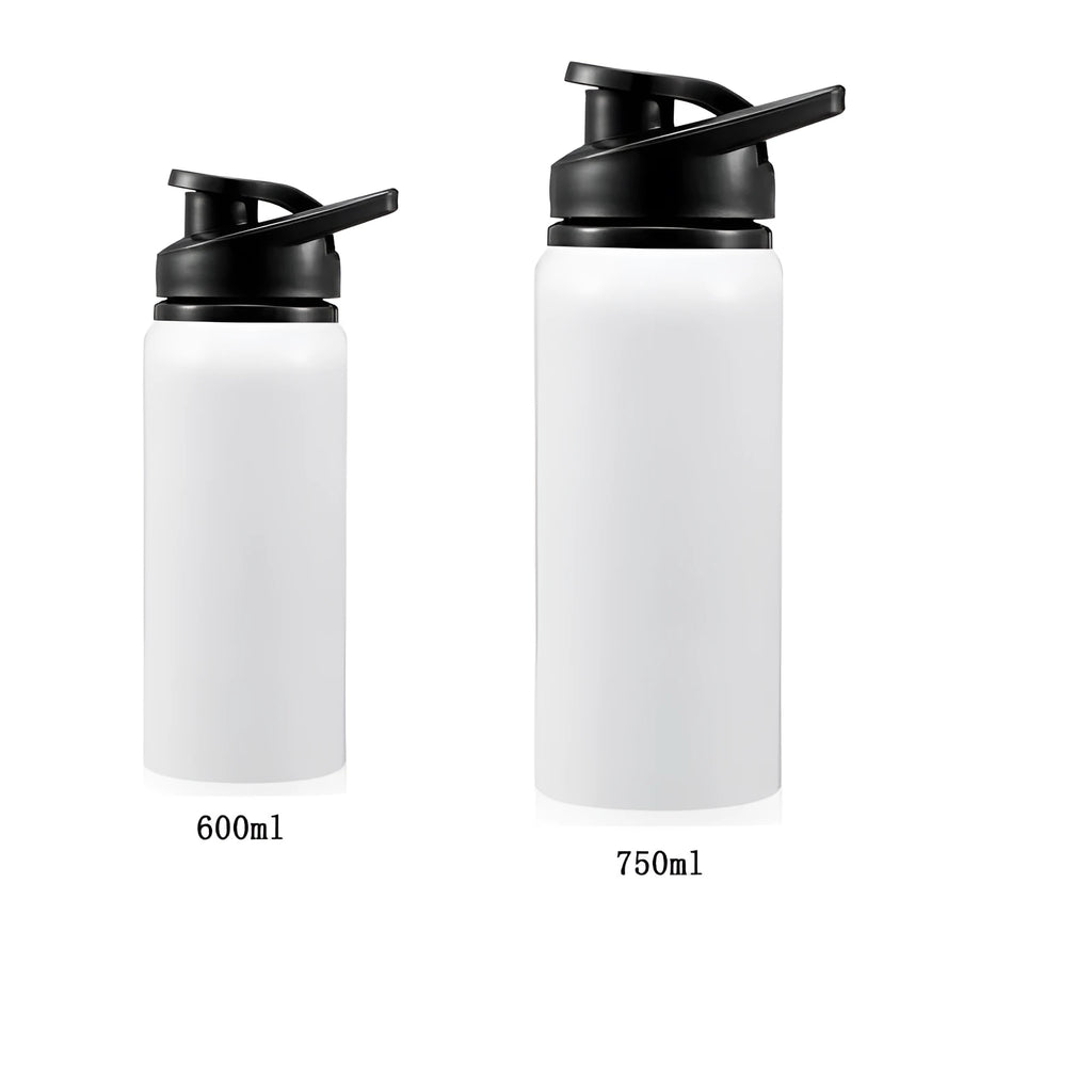 White aluminium sports water bottle shown in 600ml and 750ml capacity options.