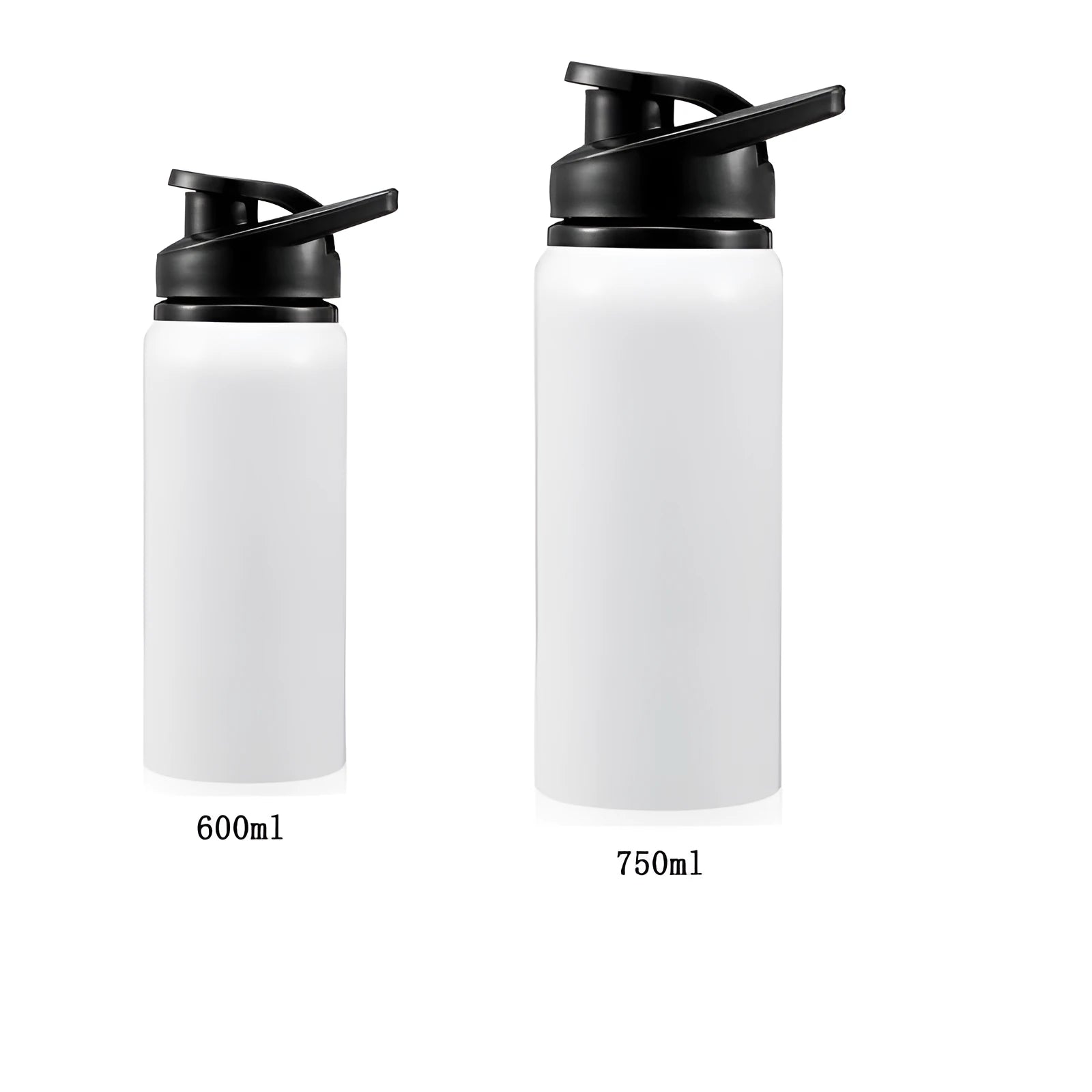 White aluminium sports water bottle shown in 600ml and 750ml capacity options.
