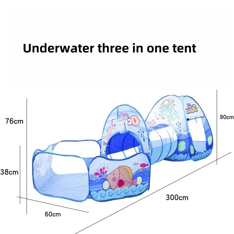 Underwater World themed children's cloth tent with integrated ball pool and crawl tunnel.