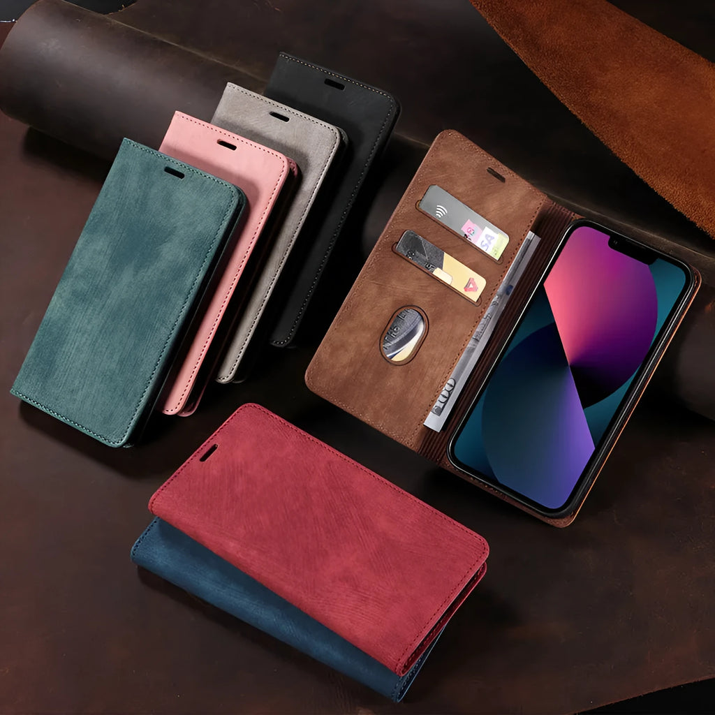 Genuine leather magnetic flip phone case for iPhone showing closed position with magnetic closure