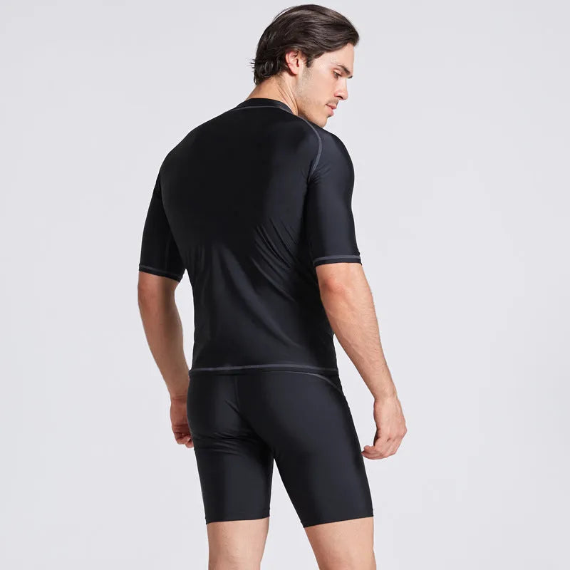 Men's navy blue quick-drying half sleeve wetsuit suit for swimming and snorkelling.