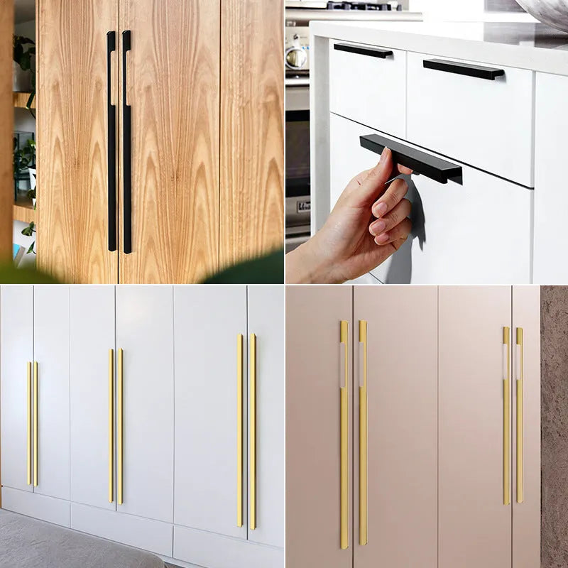 Gold T-shaped single hole cabinet handle with aluminium alloy construction.