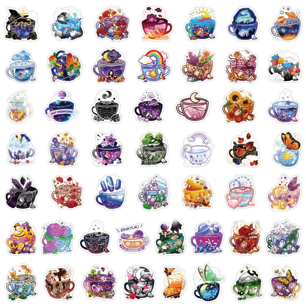 50 colourful graffiti tea cup design waterproof vinyl stickers for DIY personalisation