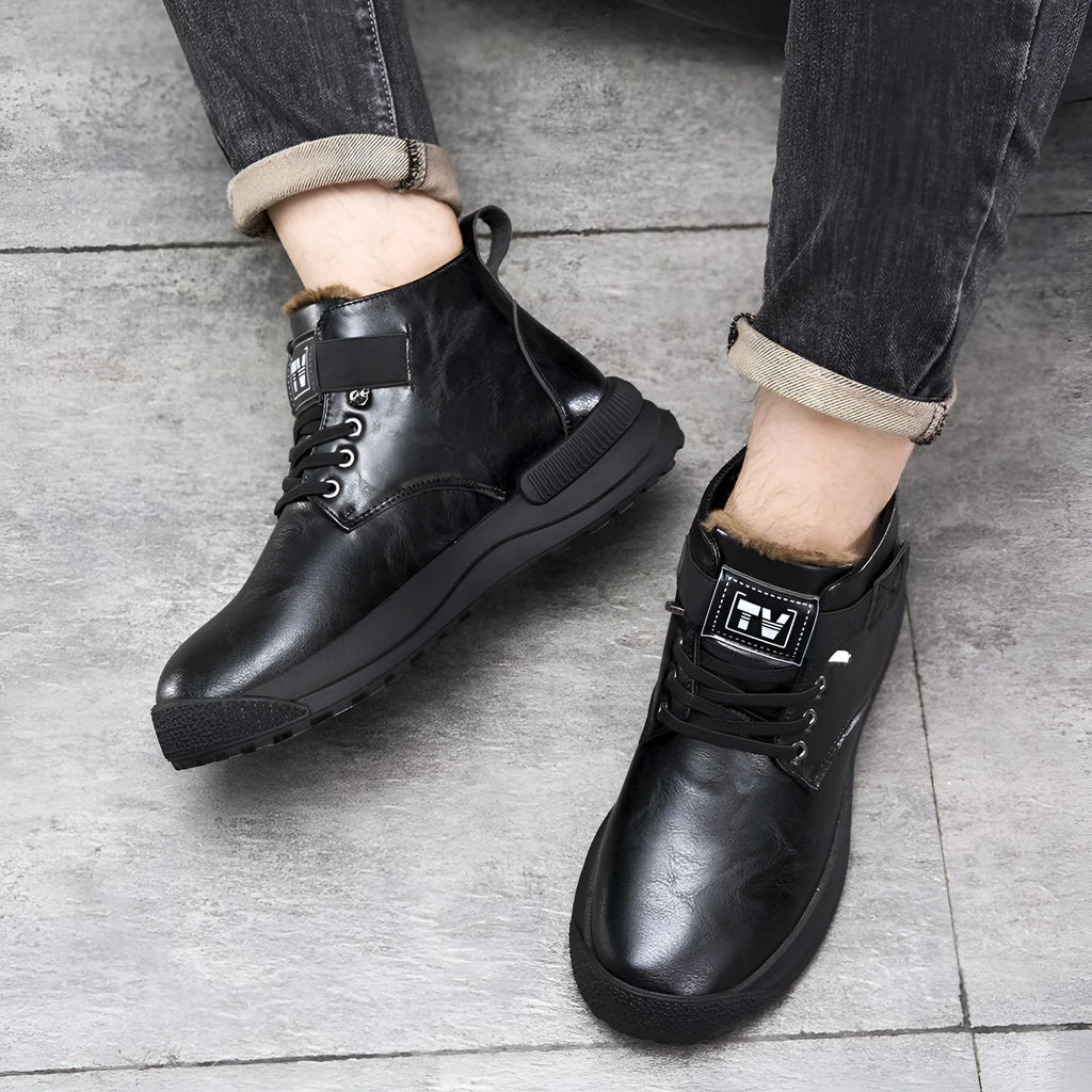 Men's black and brown Martin platform boots with high-top design and artificial PU upper