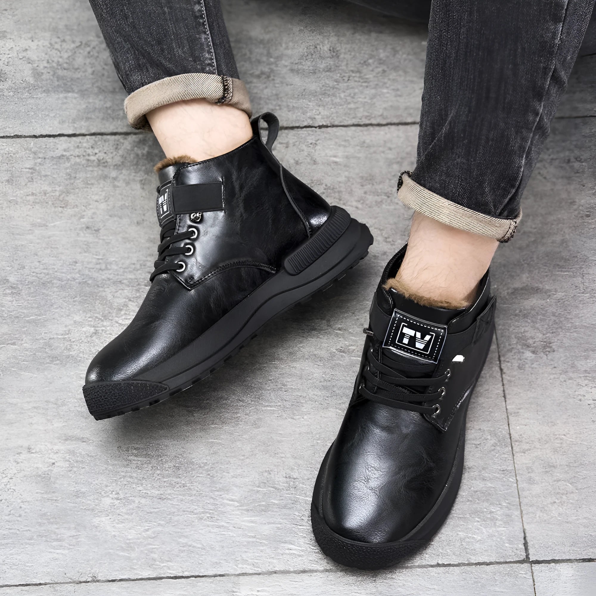 Men's black and brown Martin platform boots with high-top design and artificial PU upper