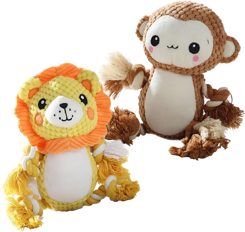 Plush squeaky dog toy assortment showing Lion and Monkey designs with stuffing-free construction