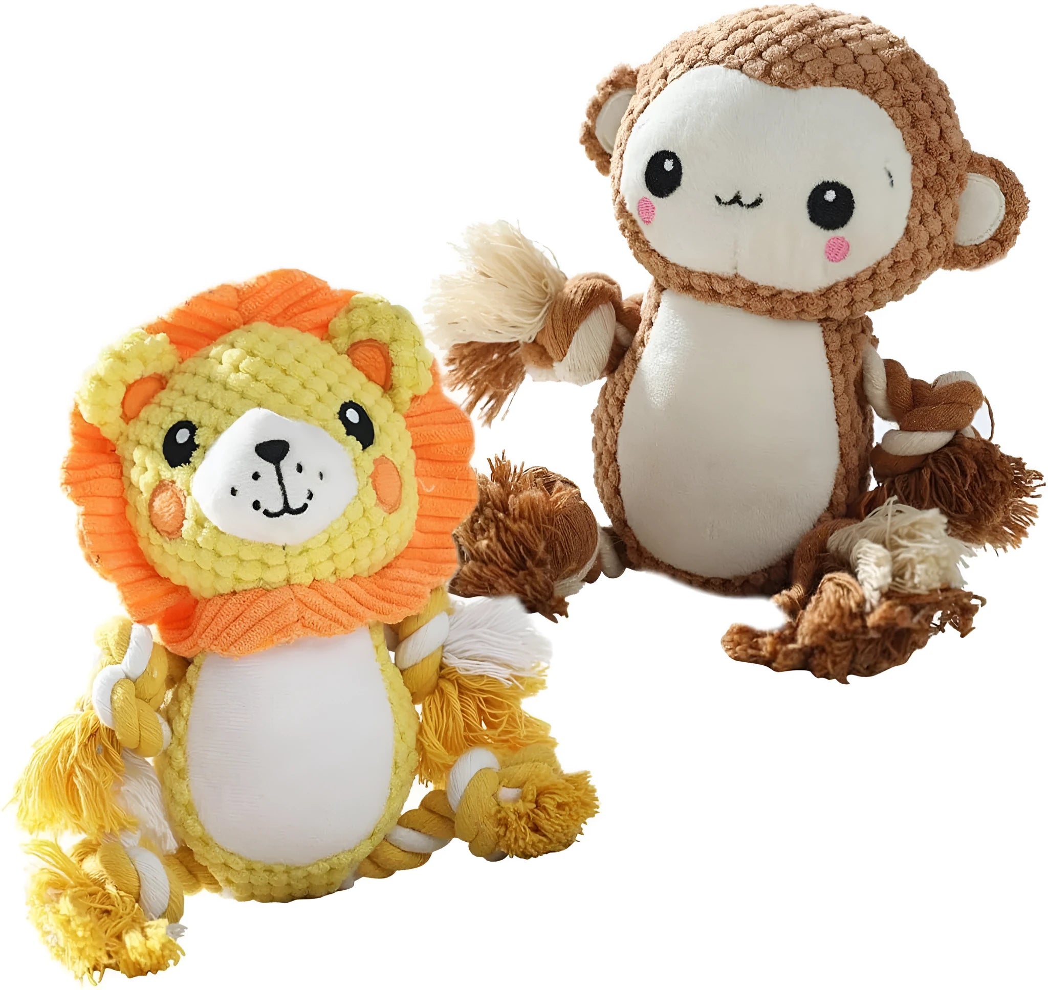 Plush squeaky dog toy assortment showing Lion and Monkey designs with stuffing-free construction