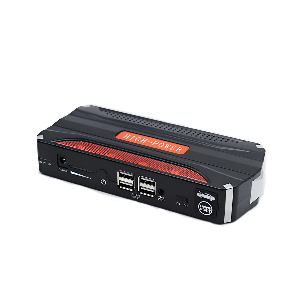 Black and red 12V emergency starting power supply with 7800mAh capacity for vehicle battery jump-starting