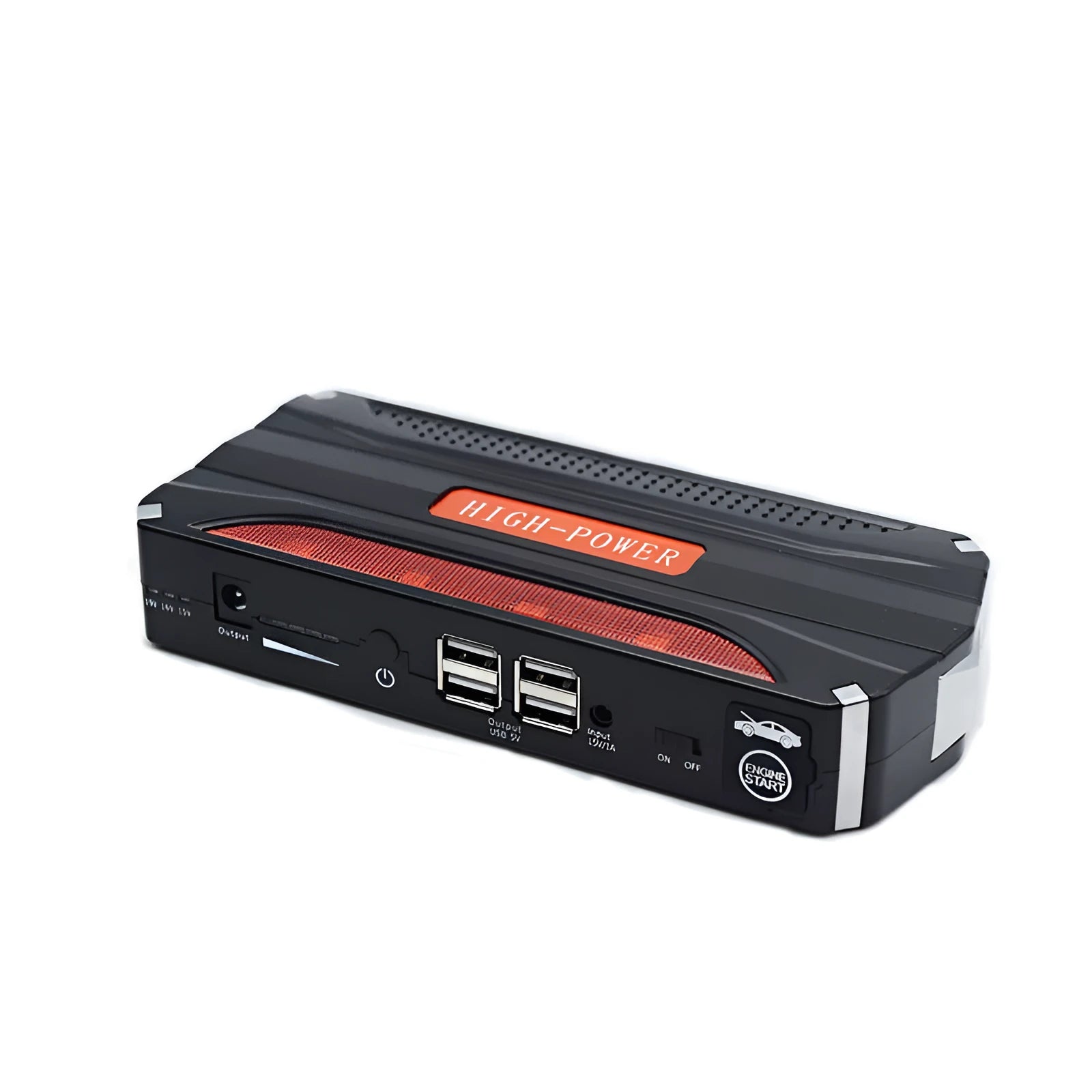 Black and red 12V emergency starting power supply with 7800mAh capacity for vehicle battery jump-starting