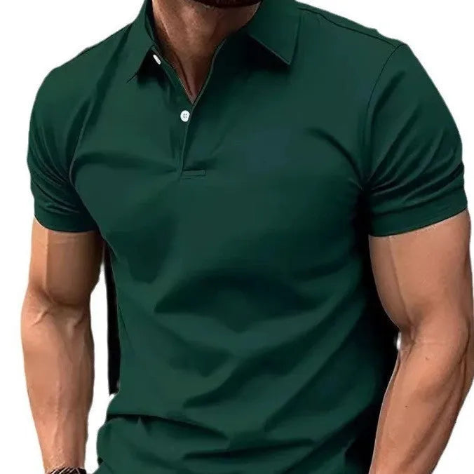 Man wearing a slim fit solid colour short sleeve casual shirt in a cotton blend fabric.