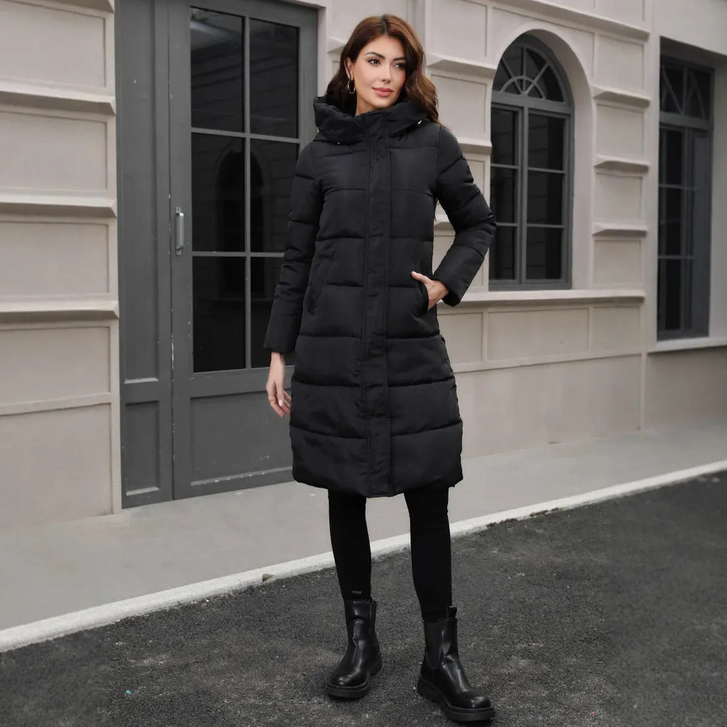 Black slim fit hooded winter jacket with thick polyester cold-resistant construction