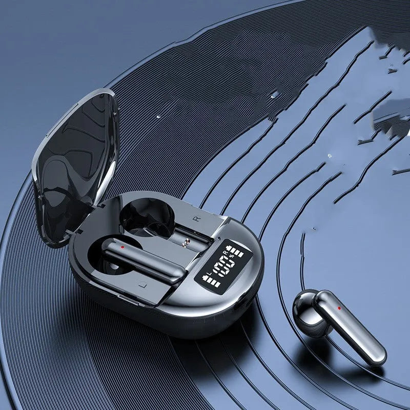 Black and white wireless Bluetooth in-ear earphones with a compact charging case.