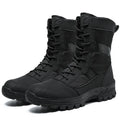 Men's black and camouflage high-top combat boots with mesh upper and lace-up design