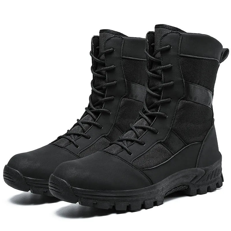 Men's black and camouflage high-top combat boots with mesh upper and lace-up design