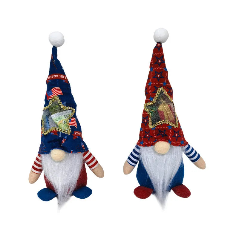 Two faceless Rudolf baby doll Christmas ornaments with candy bags, cloth construction, 32x12cm dimensions