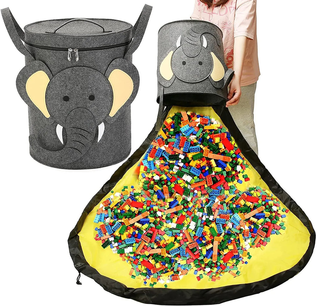 Green felt cube storage bag with pull rope closure, shown open flat as a play mat.