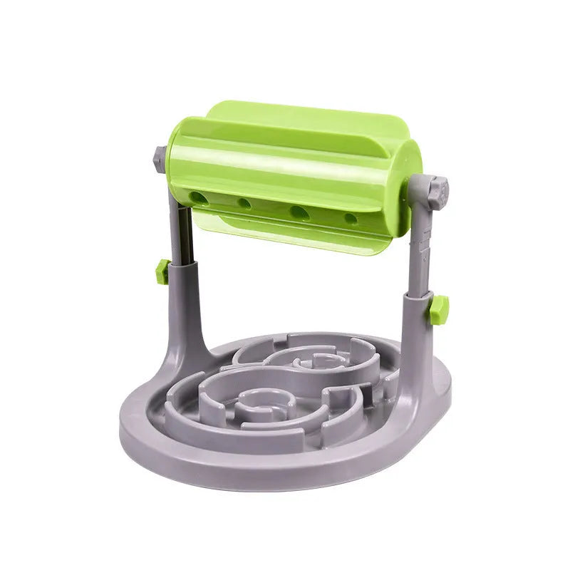 Blue interactive pet food puzzle toy with adjustable height and irregular raised patterns for slow feeding