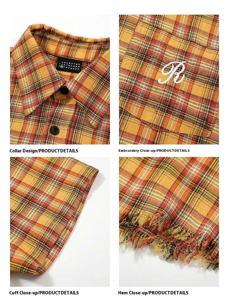 Yellow check short-sleeve plaid shirt with an embroidered chest pocket, shown on a hanger.