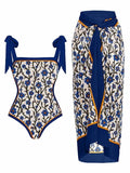 Women's floral printed chiffon two-piece swimsuit with attached skirt shown in one of 15 colour variations.