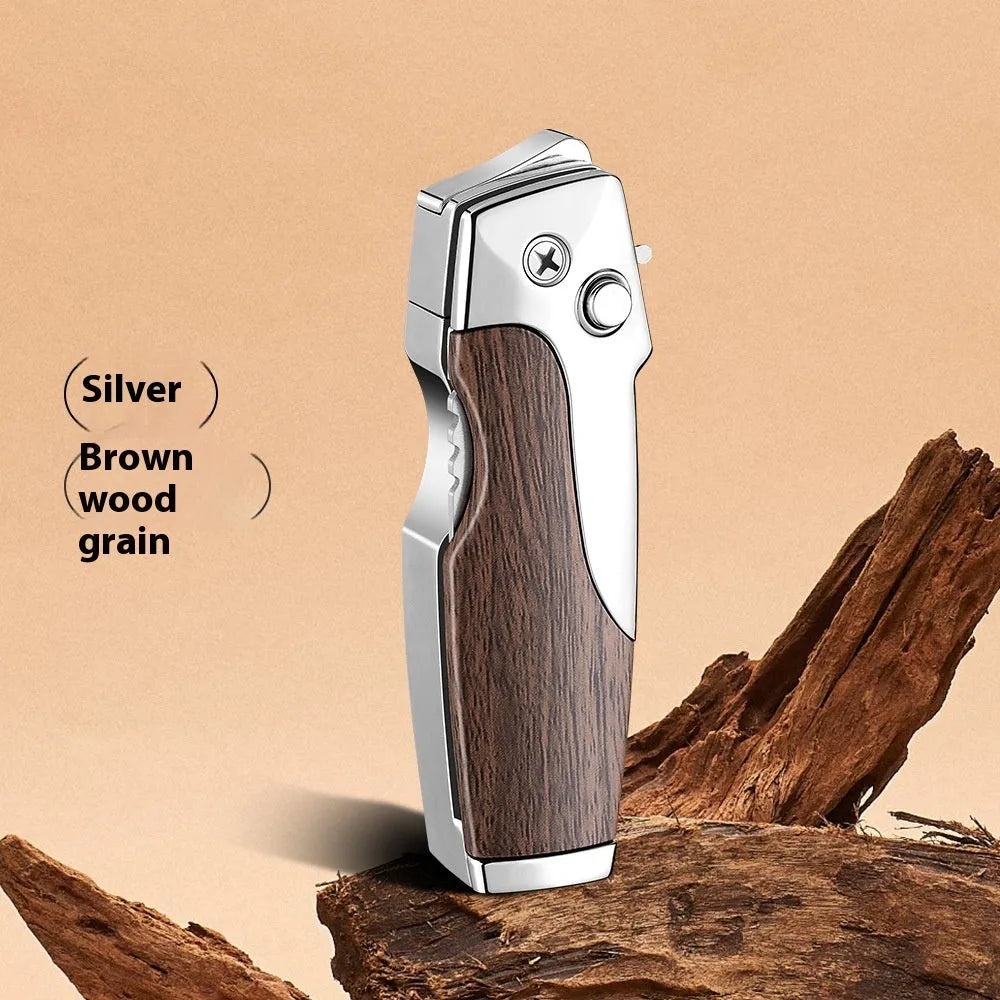 Zinc alloy metal folding lighter tool with a knife, shown in various colour and texture finishes.