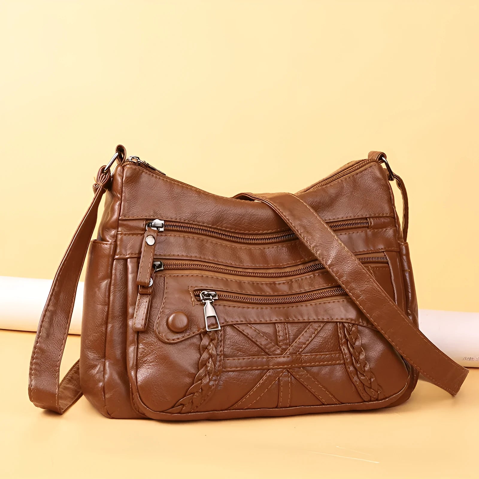 Soft PU casual messenger bag with multi-layer pockets, available in five colours