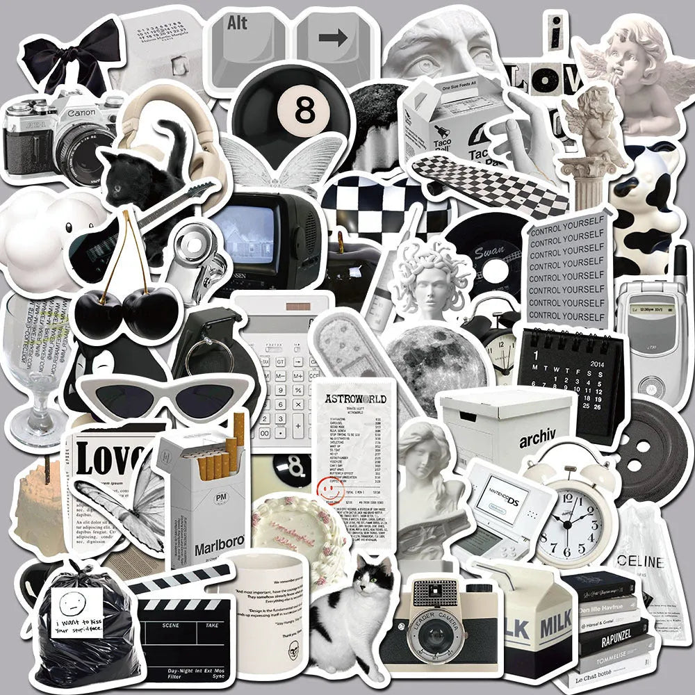 61 black and white PVC waterproof stickers for laptops, phones, and luggage customisation