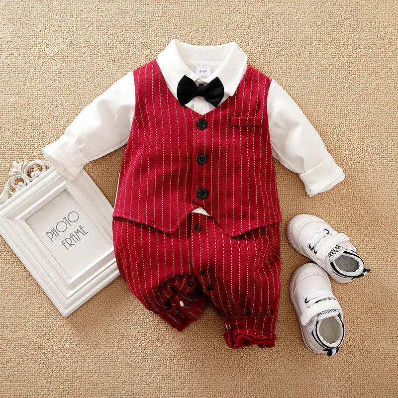 Wine red cotton baby boy romper suit with long sleeves for autumn wear.
