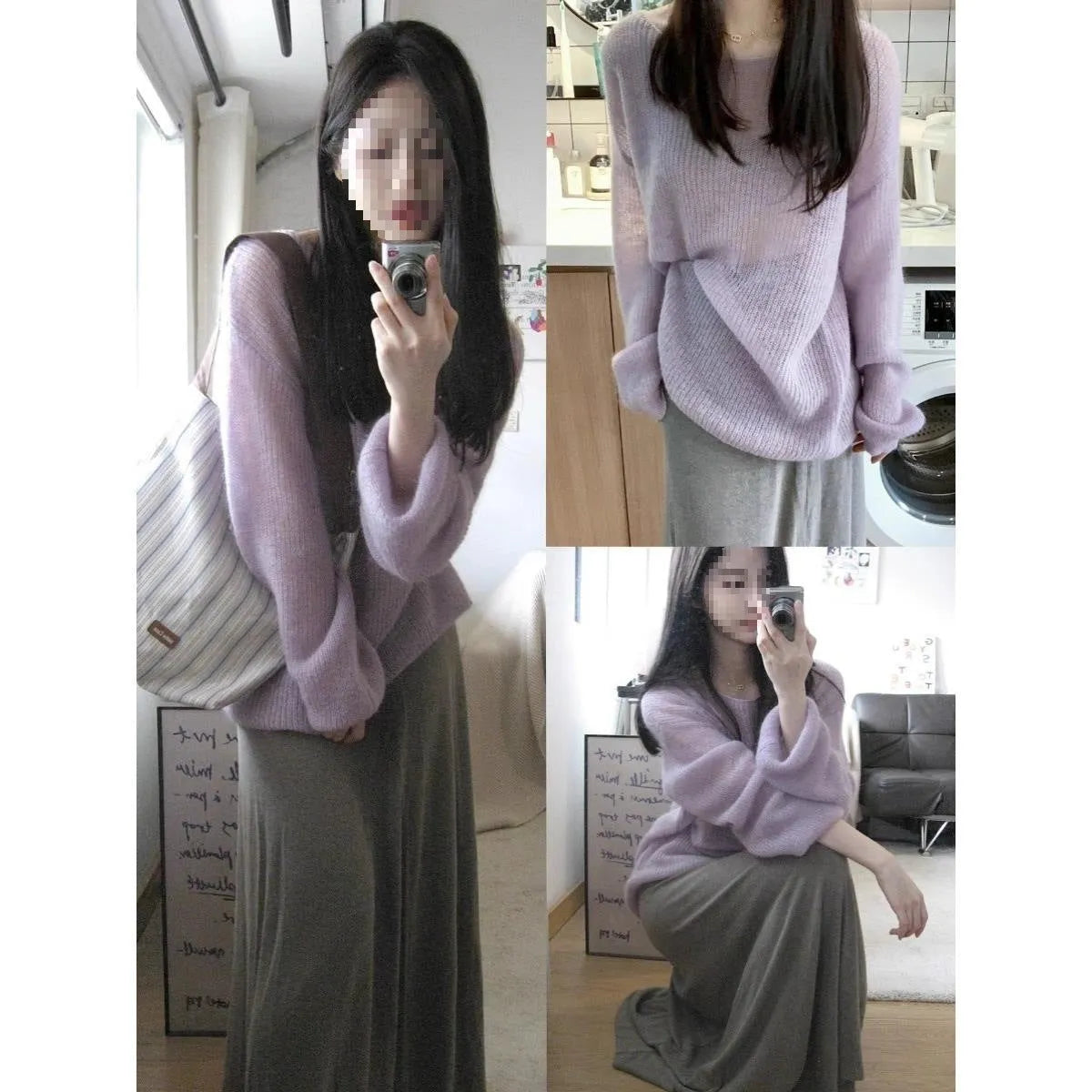 Purple women's blouse with hollow out patterns and princess sleeves in ice silk fabric