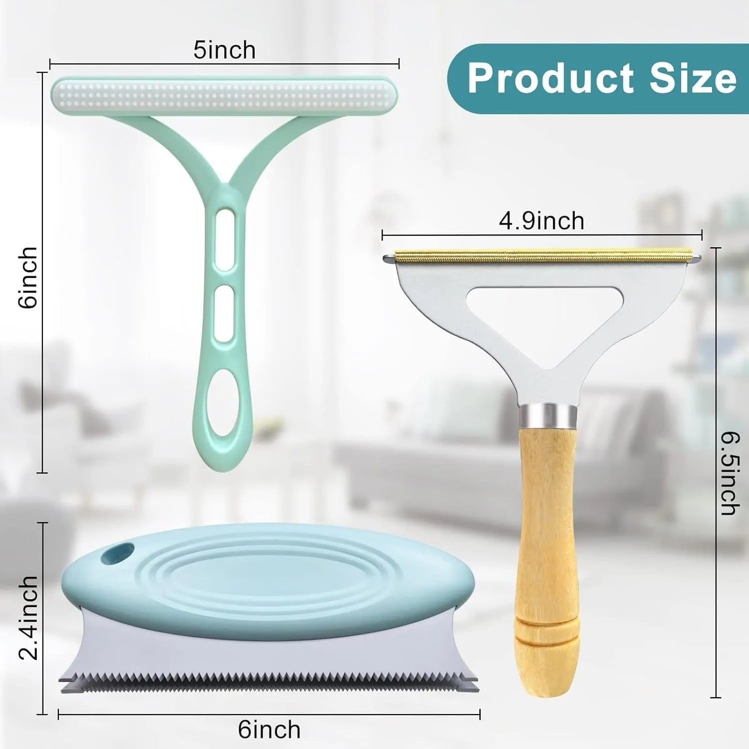 Three-piece pet hair remover set showing metal scraper, silicone brush, and round cleaner for household surfaces