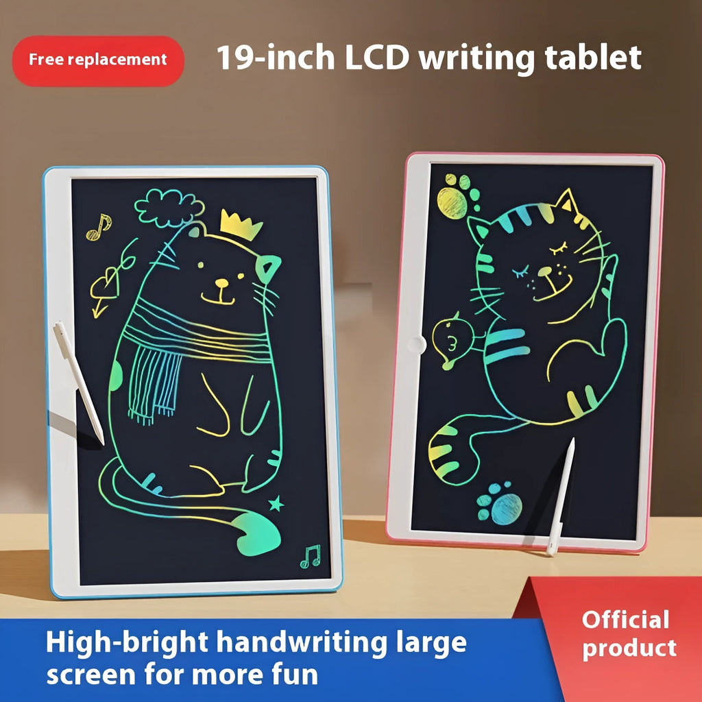 19-inch blue and white LCD children's drawing board showing a child's doodle on screen.