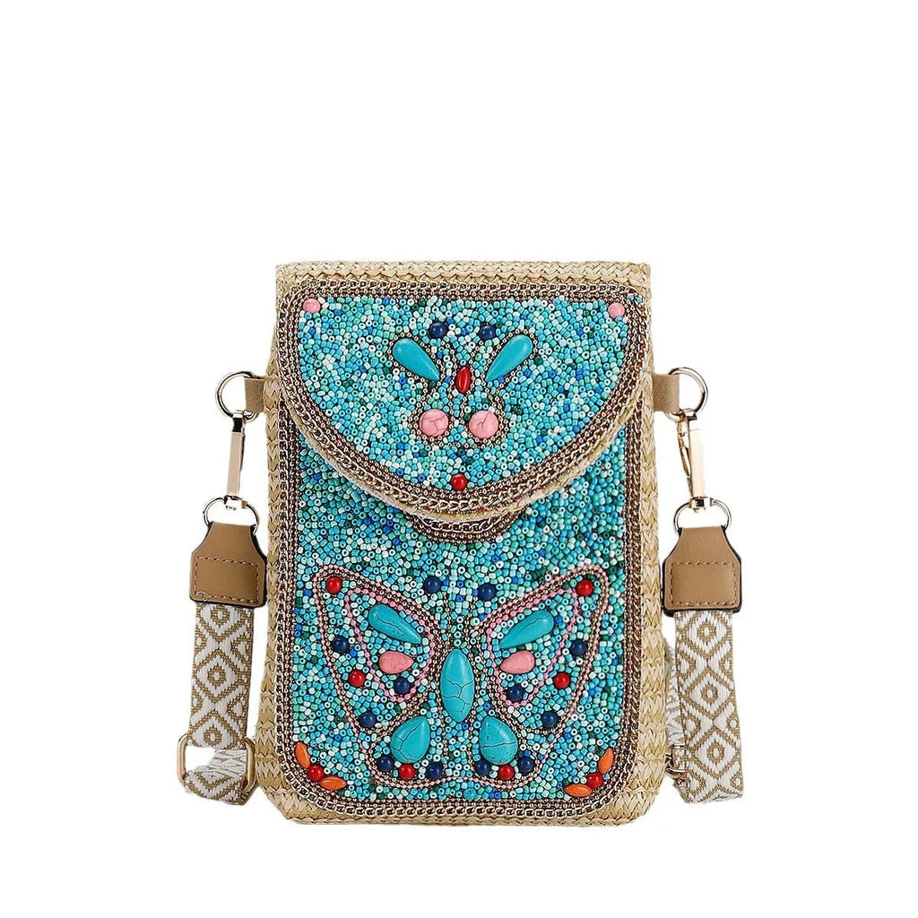 Rice bead straw woven women's crossbody shoulder bag square vertical shape with phone pocket