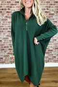 Women's solid colour loose knitted dress with raglan sleeves and a front zipper.