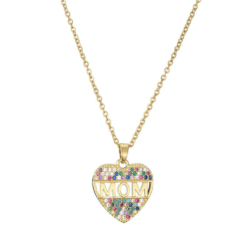 Copper MOM heart pendant necklace with micro inlay on adjustable chain