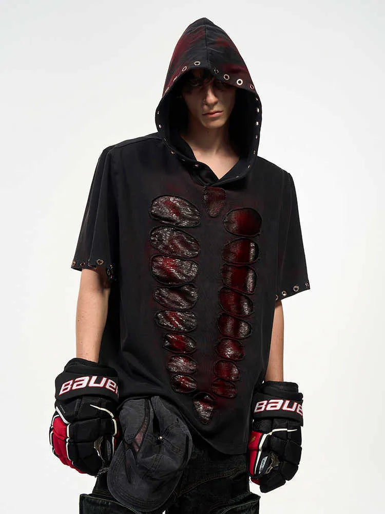 Black hooded men's T-shirt with sequenced detailing and loose fit