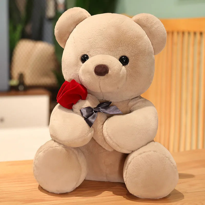 Lovely hug roses teddy bear plush pillow stuffed animal doll in brown, beige or grey colours